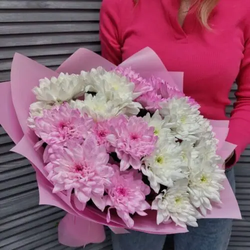 Букет из 5 кустовых хризантем под ленту